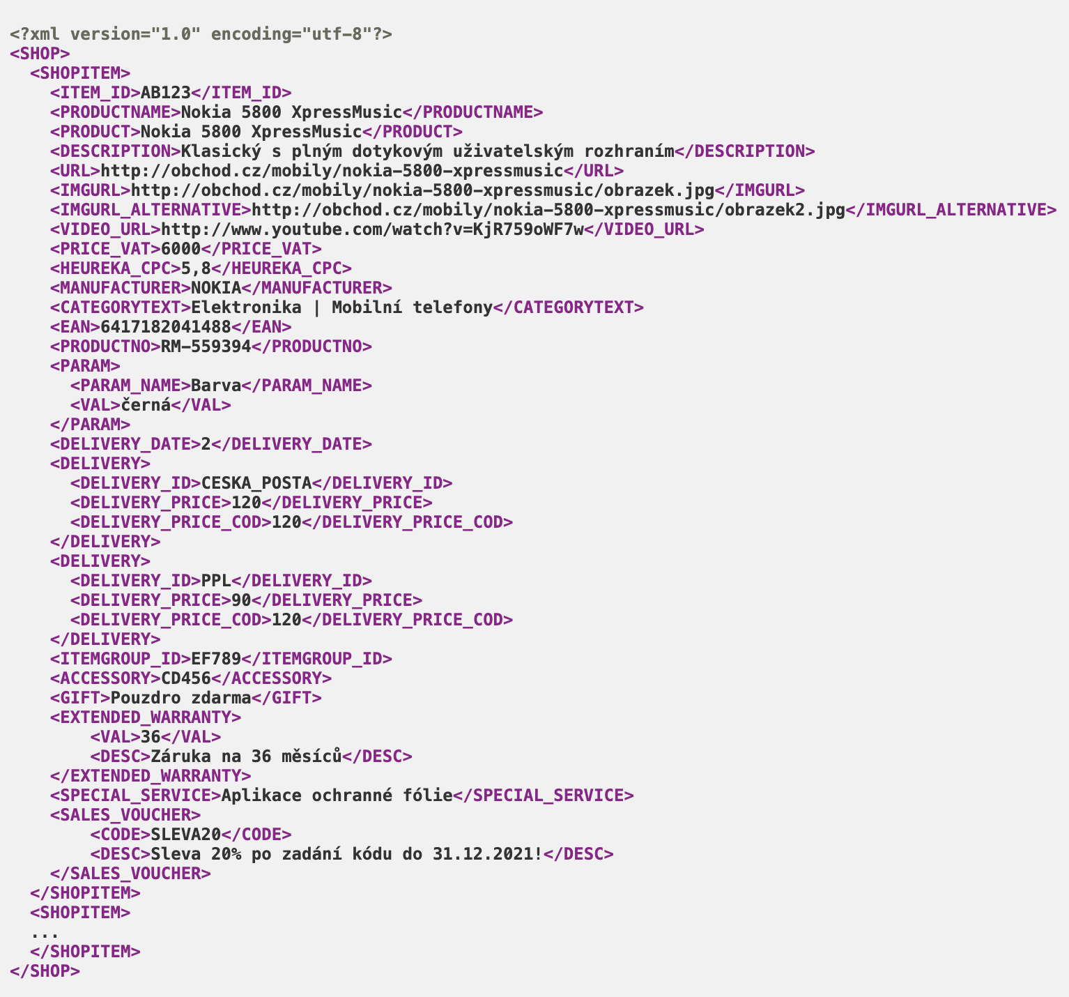 Ukázka a náhled XML feedu pro Heureka.cz nebo Heureka.sk